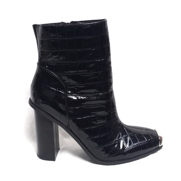 Public Desire Shoes - PUBLIC DESIRE Black Croc Embossed Mid-Calf Boot w/Silver Toe Caps